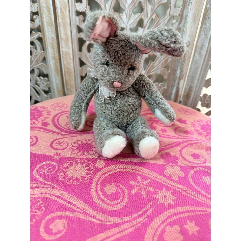 Gund Dusty Grey Bunny Rabbit Plush Stuffed Animal Pink Ears Ribbon 36025 12 Inch